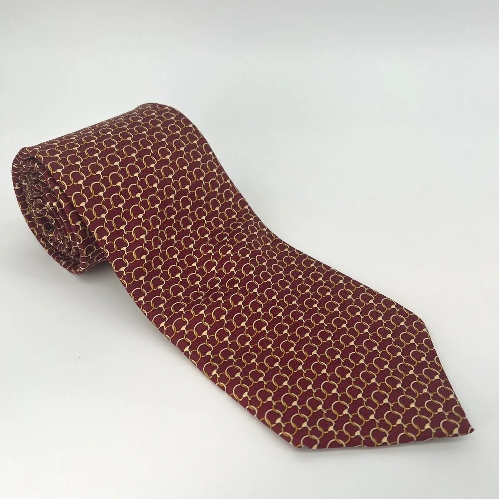 Brooks Brothers Makers Italy Silk Tie Burgundy Gold Horsebit Equestrian USA Made